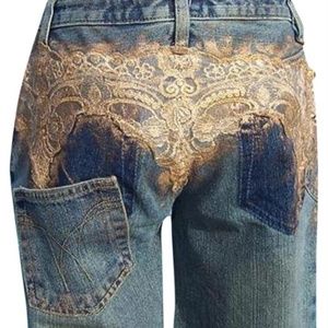 Cache Metallic Lace Airbrush Gold Jewels Jean Pant